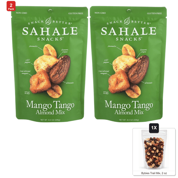 2 Pack | Sahale Snacks Mango Tango Almond Fruit and Nut Mix, 4 Bags x 8 oz Each, with Bybies Trail Mix, 2 oz