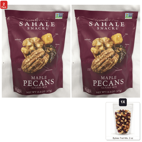 2 Pack | Sahale Snacks Maple Pecan Glazed Mix, 1 Bag, 13.3 oz, with Bybies Trail Mix, 2 oz