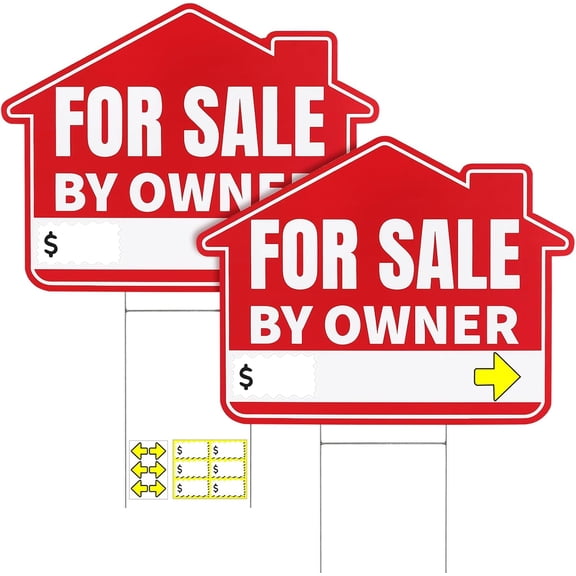 2 Pack For Sale By Owner Sign with Stakes 17" x 13" Double-Sided Yard Signs with Arrow Stickers Pricing Stickers Corrugated Plastic FSBO Sign for Home House Real Estate Weather-Proof