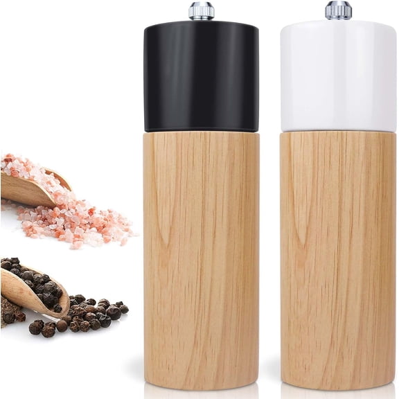 2 Pack Salt and Pepper Mill Set, Wooden Pepper Grinder Salt Shaker with Adjustable Ceramic Rotor, Manual Pepper Mills Grinders Refillable for Spice/Chili/Sesame, (Black+White)