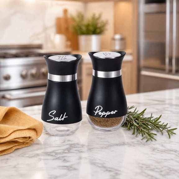 2 Pack Salt & Pepper Shakers Set, Refillable Salt Pepper with Stainless Steel Lid Container Spice Shakers Bottle for Home Kitchen, Restaurant, Picnic (Black)