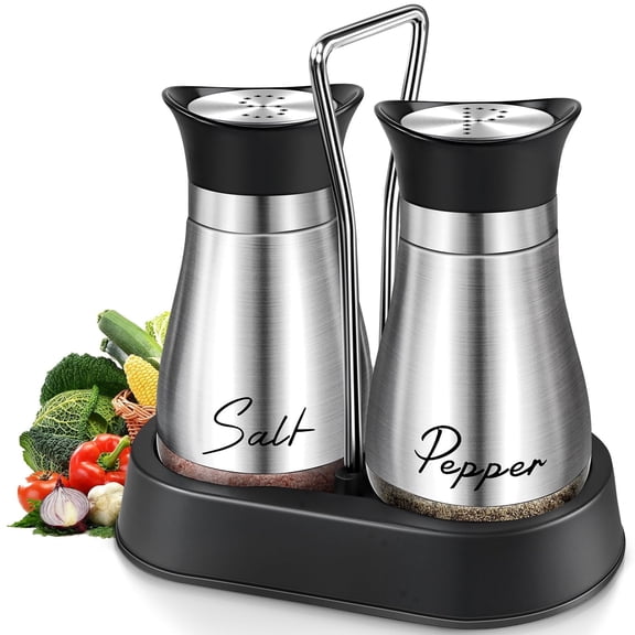 2-Pack Salt and Pepper Shakers, 4 oz Spice Jars with Base Handle, Stainless Steel Glass Material for Kitchen (Silver)