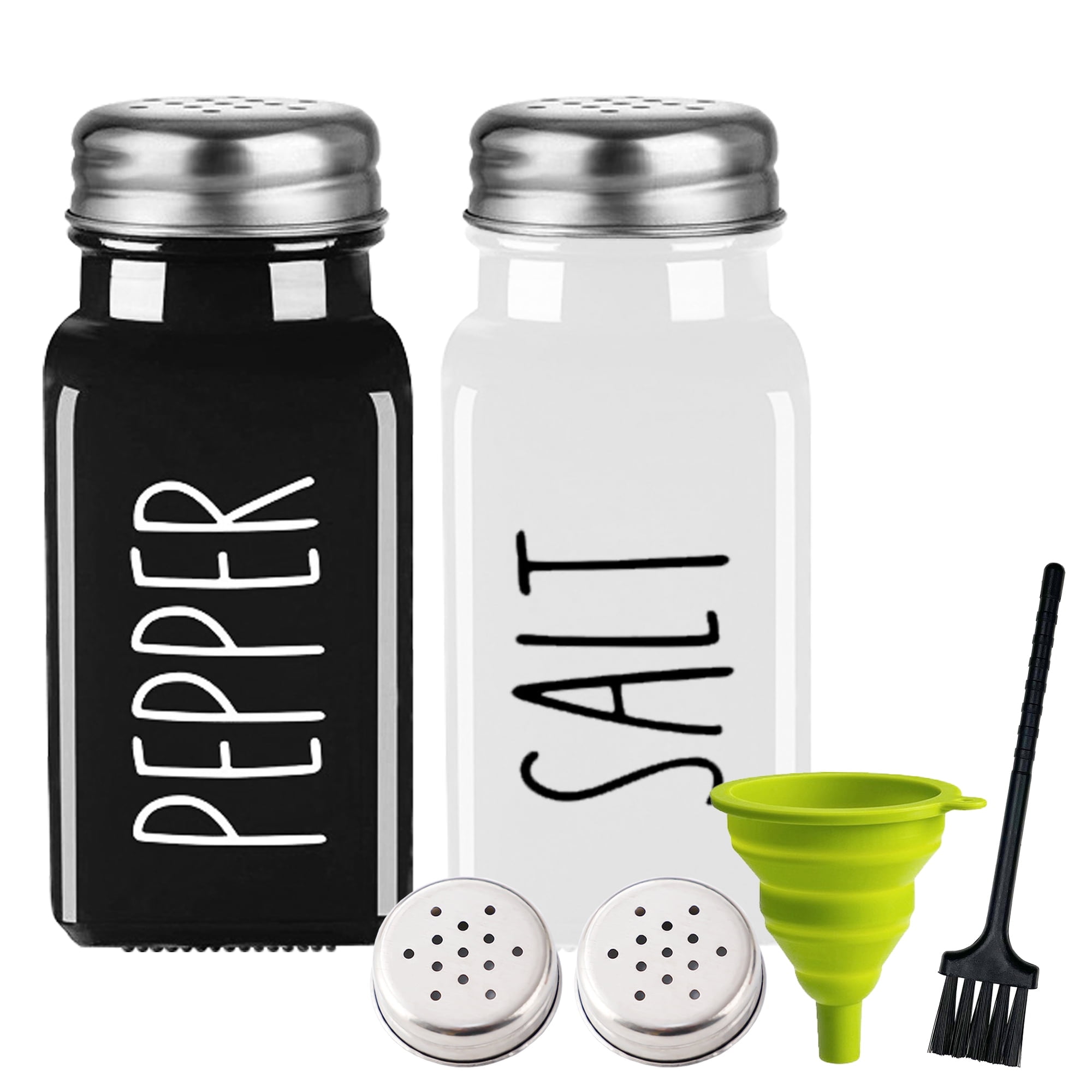 Black and White Glass Salt and Pepper Shakers with Stainless Steel Lids