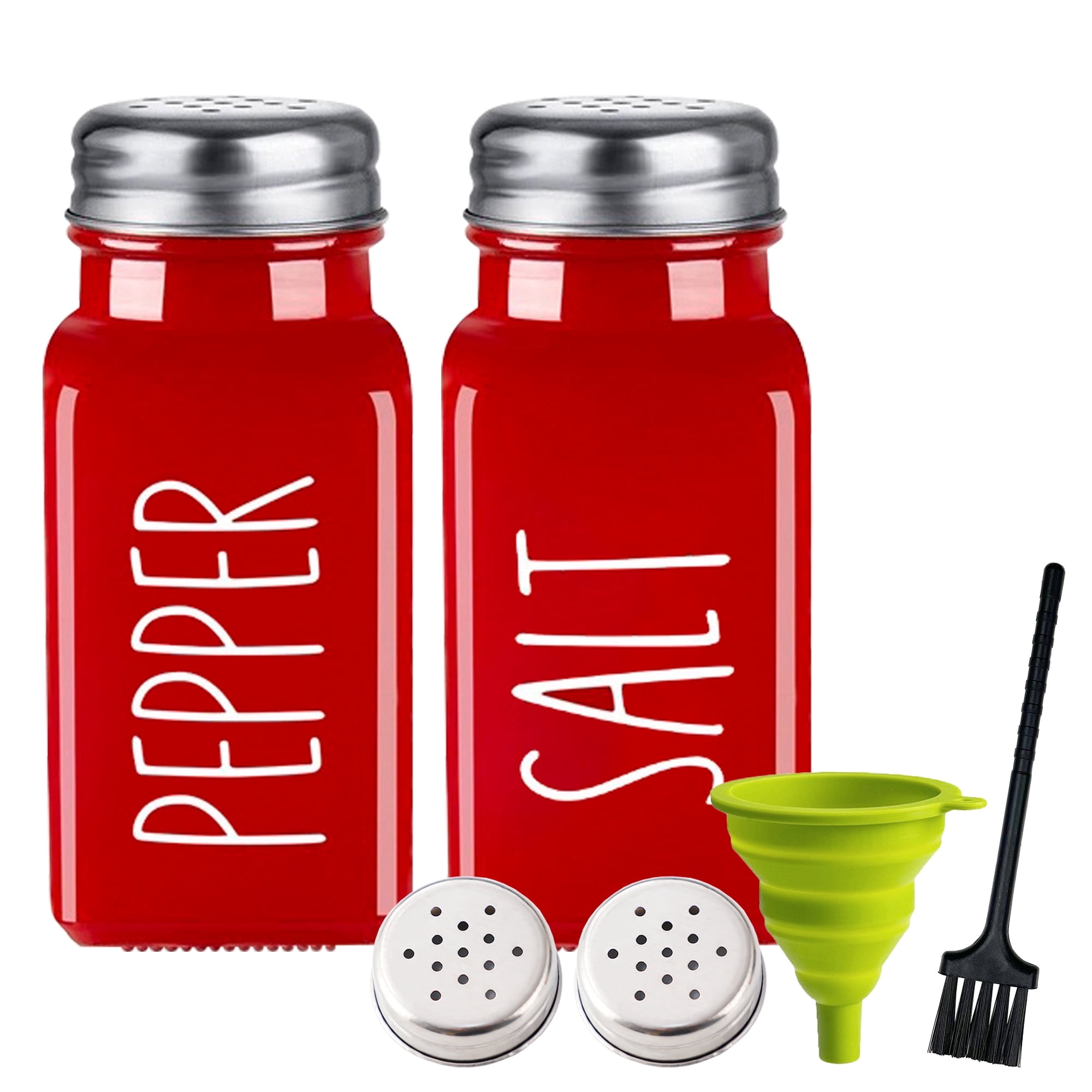 Farmhouse Salt & Pepper Shaker Set - Vintage Glass With Black & White Print, Stainless Steel Lid, 2.7oz Each