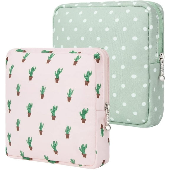 2 Pack Sanitary Napkin Storage Bag, Menstrual Pad Tampon Zipper Bags Portable Small Items Storage Pouch Feminine Menstruation First Period Bag for Teen Girls Women Ladies (Leafs Grids)