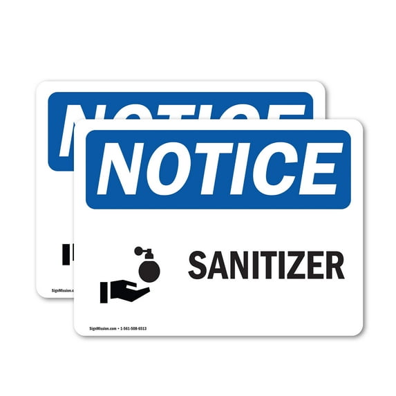 (2 Pack) Sanitizer Sign With Symbol OSHA Notice Sign 5 Inch X 3.5 Inch Vinyl Label Decal Sticker Weather Resistant, UV Protected for Workplace, Business, and Construction Site, Made in