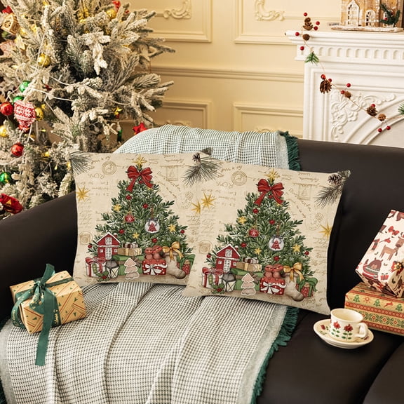 2-Pack Santa Claus Linen Pillow Covers, Red Christmas Printed Holiday Decor for Sofa Couch Living Room, 18x18 Inch B