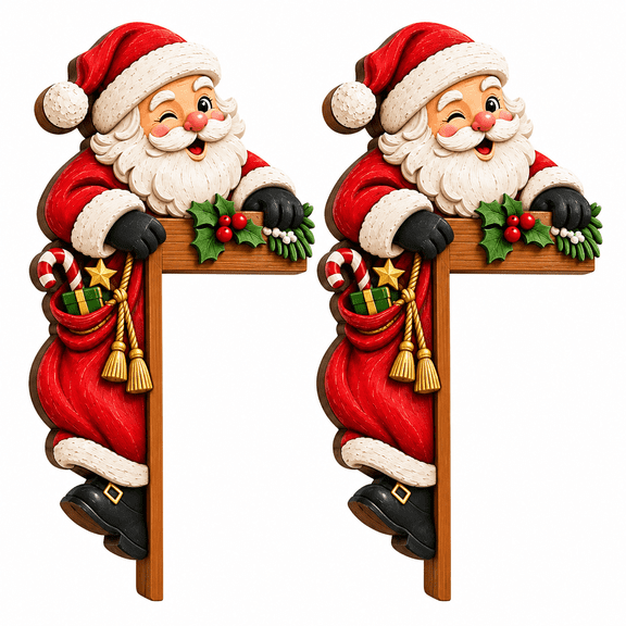 2-Pack Santa Peekaboo Door Frame Corner Decor, Wooden Christmas Topper
