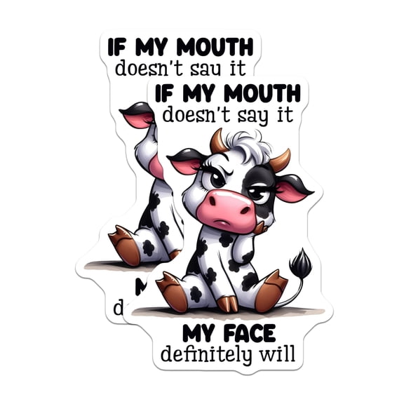 (2 Pack) Sassy Cow Stickers - Funny Animal Stickers - Grumpy Cow Meme- 5" On Longest Side - Sticks to Smooth Flat Surfaces - Made in USA - BMCS16752
