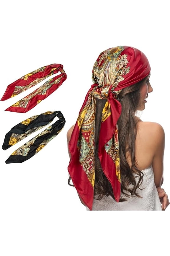 2 Pack Satin-Finish Head Scarves for Women, 35" Square Silk-Like Scarves for Hair Wrapping, Sleeping, and Fashion Accessories, Soft & Breathable for Daily Wear