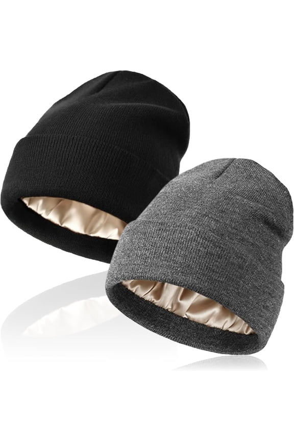 2 Pack Satin Lined Beanie for Women Silk Lining Soft Winter Hats Reduce Frizz Knit Beanies,Double Layer Warm Womens Winter Hats