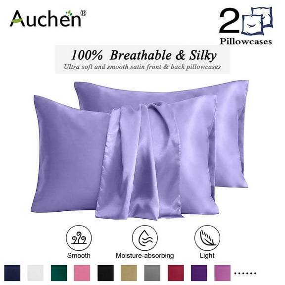 Auchen Satin Pillow Case, 2 Pack Satin Queen Silky Pillowcase for Hair and Skin, Satin Pillowcase Set of 2-King Size (20"x36")Purple-2