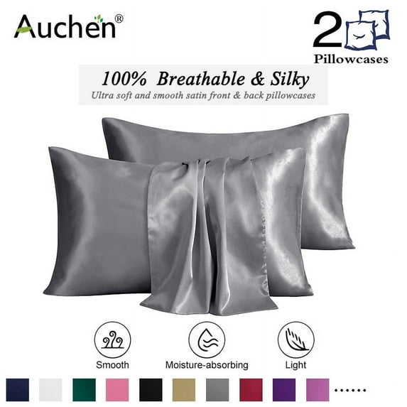 Auchen Satin Pillow Case, 2 Pack Satin Queen Silky Pillowcase for Hair and Skin, Satin Pillowcase Set of 2-King Size (20"x36")Silver Grey