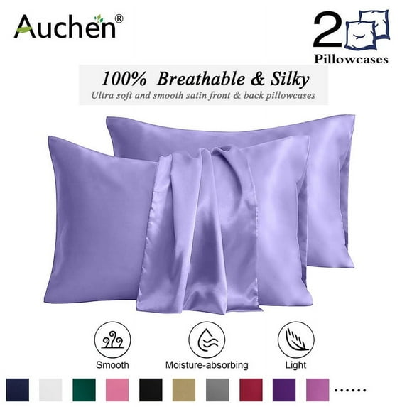 Auchen Satin Pillow Case, 2 Pack Satin Queen Silky Pillowcase for Hair and Skin, Satin Pillowcase Set of 2-Queen Size(20"x30")Purple-2