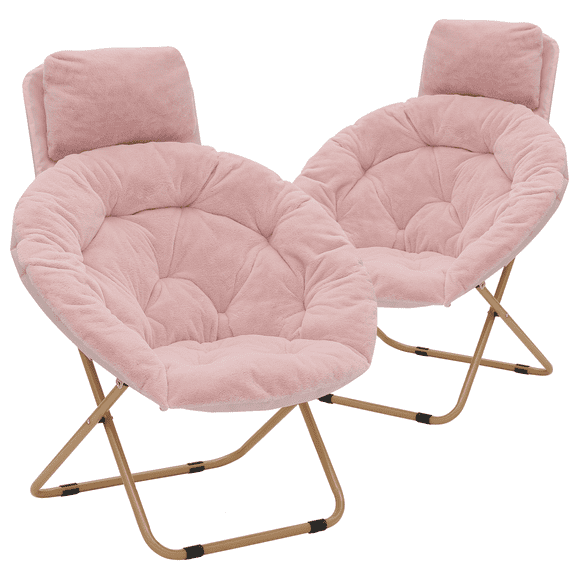 2 Pack Saucer Chair with Pillow, Faux Fur Folding Accent Chair with Metal Frame, Lounge Moon Chair for Bedroom Living Room,  Light Pink Seat/ Gold Stand