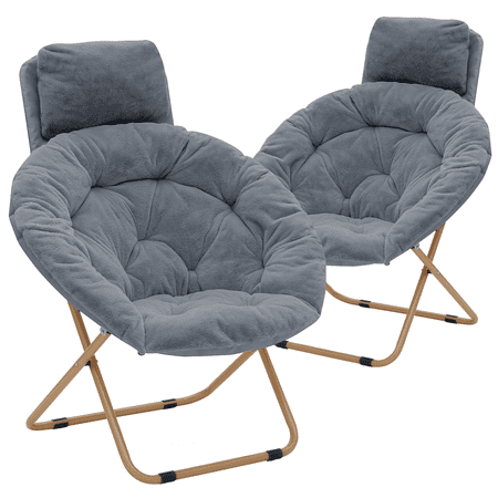 2 Pack Saucer Chair with Pillow, Faux Fur Folding Accent Chair with Metal Frame, Lounge Moon Chair for Bedroom Living Room, Grey Seat/ Gold Stand