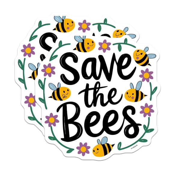 (2 Pack) Save The Bees Stickers - Environmental Awareness - Cute Bee Floral Design - 5" On Longest Side - Sticks to Smooth Flat Surfaces - Made in USA - BMCS20299