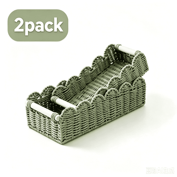 2‑Pack Scalloped Edge Wicker Storage Baskets with Wooden Handles, Large and Small Paper Rope Handwoven Rectangular Organizer for Bathroom Counter, Farmhouse Home Decor & Sundries Storage