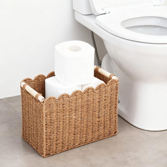 2-Pack Scalloped Wicker Baskets for Organizing, Woven Paper Rope Storage Bins with Handles, Toilet Paper Basket Decorative   for Over Toilet Storage Shelf, End Table, Shelves, Bedroom, Living Room