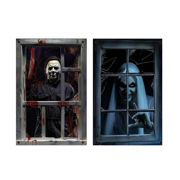 2 Pack Scary Halloween Decorations Spooky Halloween Decor Creepy Horror Character Window Hanging Cloths for Haunted House Indoor Outdoor Halloween Party Decor