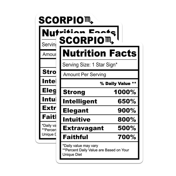 (2 Pack) Scorpio Stickers - Zodiac Sign Nutrition Facts - Astrology Stickers - 5" On Longest Side - Sticks to Smooth Flat Surfaces - Made in USA - BMCS15543