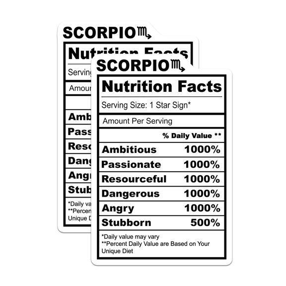 (2 Pack) Scorpio Zodiac Sign Stickers - Nutrition Facts - Star Sign Astrology - 5" On Longest Side - Sticks to Smooth Flat Surfaces - Made in USA - BMCS14066