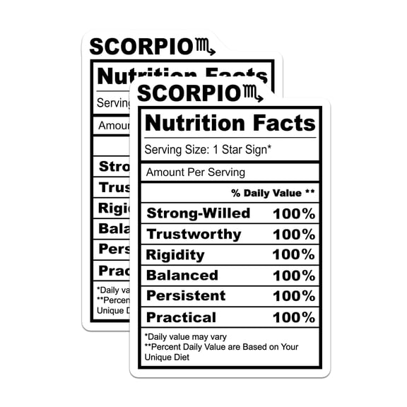 (2 Pack) Scorpio Zodiac Stickers - Funny Nutrition Facts - Astrological Sign - 5" On Longest Side - Sticks to Smooth Flat Surfaces - Made in USA - BMCS15615