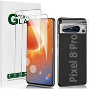 2 Pack Screen Protector for Google Pixel 8 Pro (6.7-Inch) + 2 Pack Camera Lens Protector, HD Anti-Scratch Anti-Fingerprint No-Bubble 9H Hardness Tempered Glass