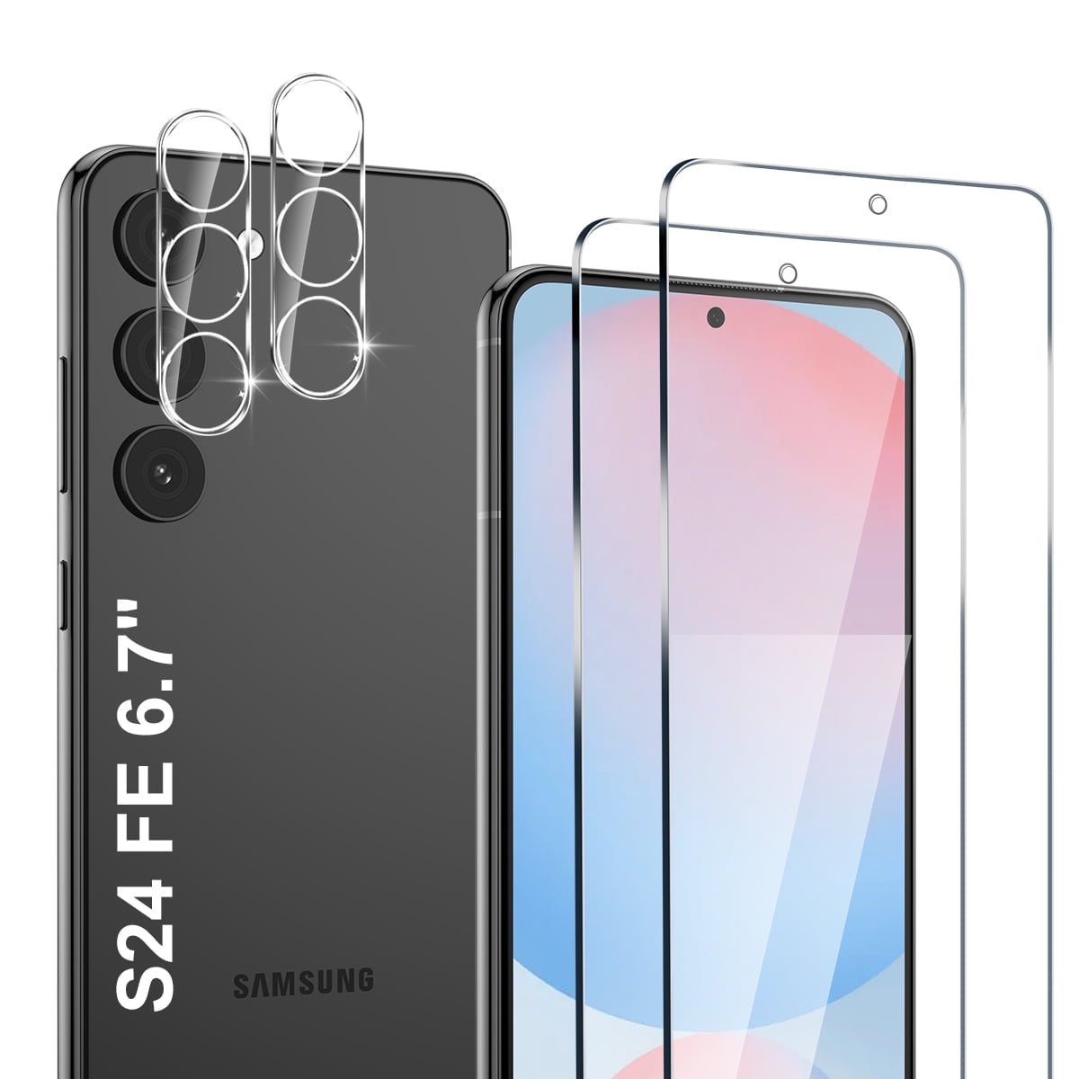 2 Pack Screen Protector for Samsung Galaxy S24 FE 5G with 2 Pack Camera Lens Protector, Full Coverage Tempered Glass Film Anti-Fingerprint Case Friendly