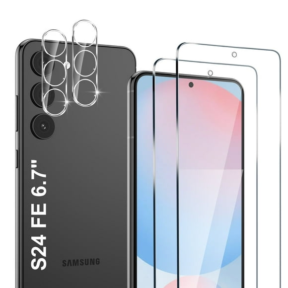 2 Pack Screen Protector for Samsung Galaxy S24 FE 5G with 2 Pack Camera Lens Protector, Full Coverage Tempered Glass Film Anti-Fingerprint Case Friendly