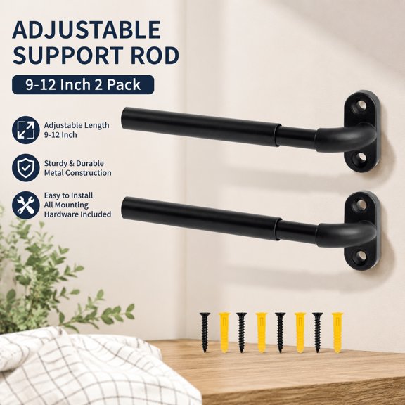 2 Pack Screwed Sash Curtain Rod Adjustable 9-12 Inch, 3/8 In. Diameter, Mini Sidelight Window Rod Black | Wrap Around Cafe Curtain Rod, Screws Mounted