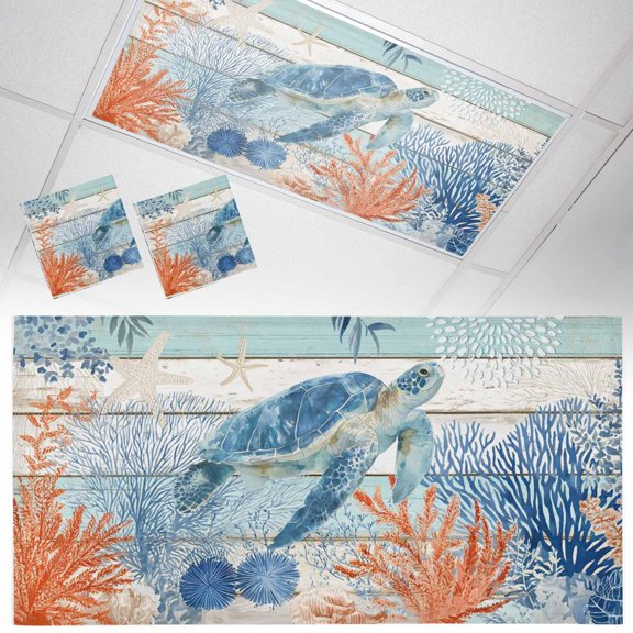 2 Pack Sea Corals Turtle Fluorescent Light Covers for Ceiling Lights Summer Beach Sea Stars Beige Blue Wood Grain Magnetic Ceiling Light Covers Overhead Light Filters for Office Classroom Home