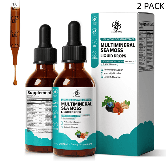 2 Pack Sea Moss Drops - Irish Sea Moss Chlorophyll Liquid with Black Seed Oil, Moringa, Turmeric, Elderberry, Seamoss Gel Supplement for Immune & Gut, Vegan, Sugar Free - 2 fl oz