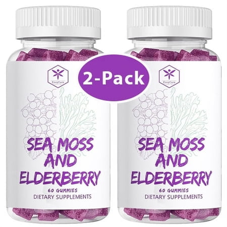 2 Pack Sea Moss Sambucus Elderberry Gummies for Kids Adults Black Elderberry Supplement  Immune Support Boost Gummy Natural Organic Antioxidants Blend, Gluten Free - 150mg 120 Count