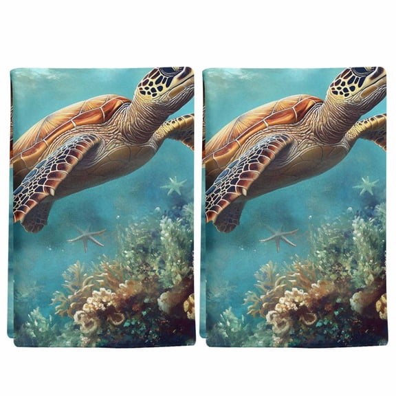 2 Pack Sea Turtle Kitchen Towels Nautical Turquoise Ocean Underwear Coral Retro Decorative Dish Towel Sets Absorbent Quick Dry Hand Cloths Tea Towels for Cooking Baking Farmhouse Gifts 18x28in