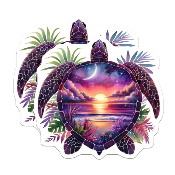(2 Pack) Sea Turtle Stickers - Ocean Sunset Shell - Cosmic Celestial Moon Design - 5" On Longest Side - Sticks to Smooth Flat Surfaces - Made in USA - BMCS20603