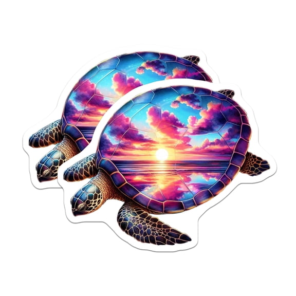 (2 Pack) Sea Turtle Stickers - Sunset Ocean Scenery - Vibrant Sky Wildlife Aesthetic - 5" On Longest Side - Sticks to Smooth Flat Surfaces - Made in USA - BMCS20334