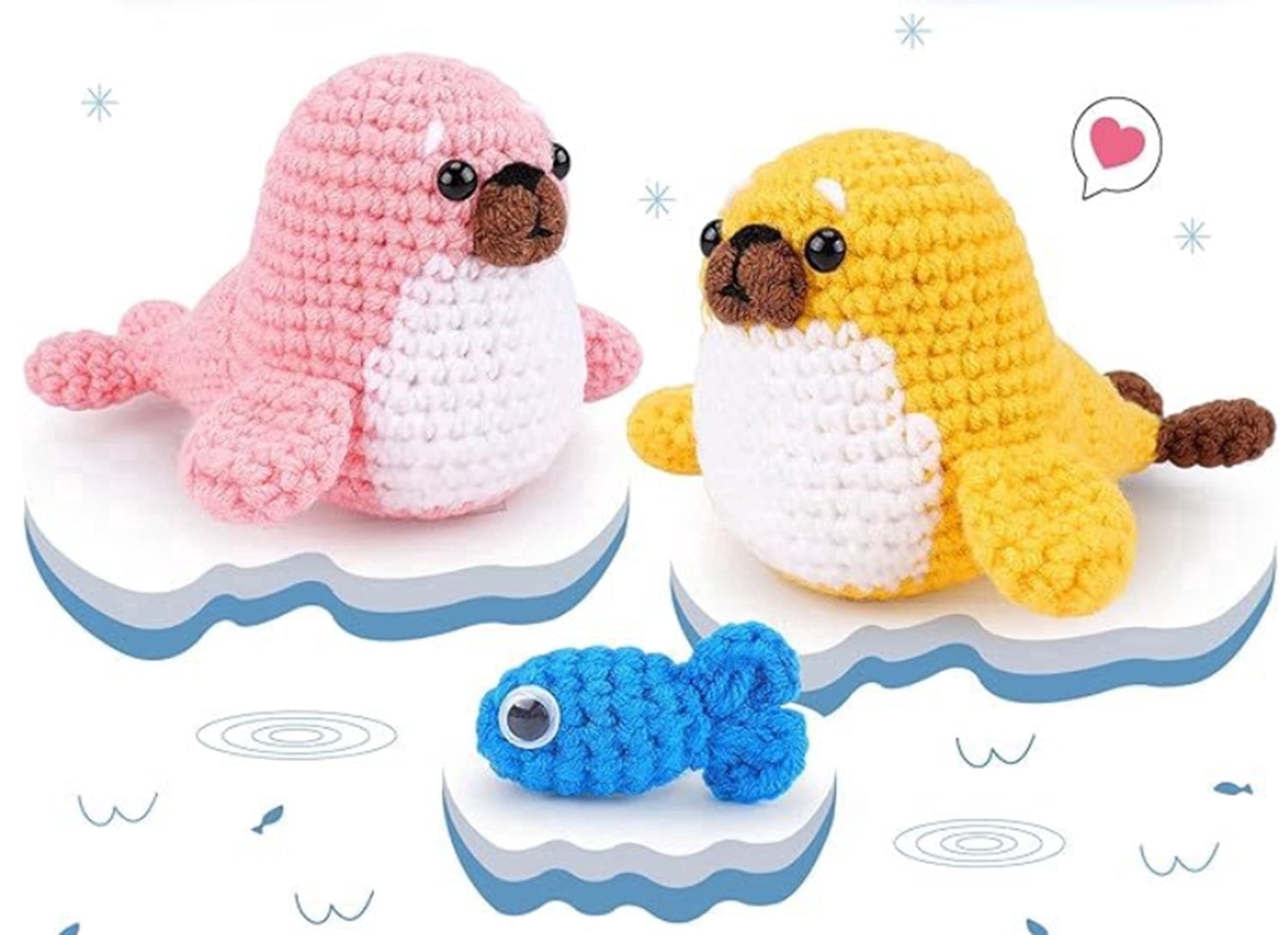 Seal & Fish Crochet Kit for Beginners, 2-Pack Amigurumi Starter Set with Step-by-Step Video Tutorials, TIKA