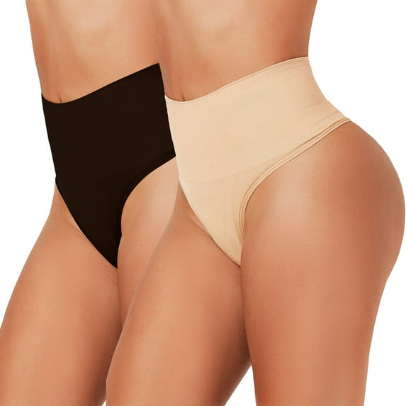 2 Pack Seamless Thong Shapewear for Women Tummy Control Body Shaper Panties High Waist Shaping Underwear, Black&Nude - XL/2XL