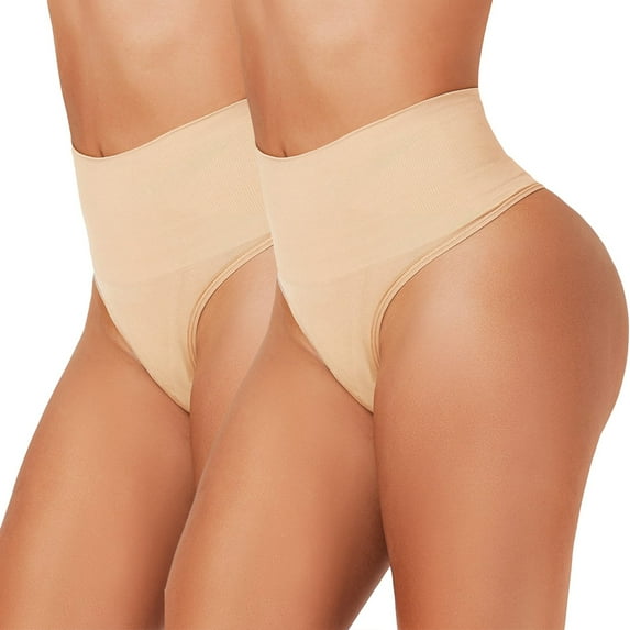 2 Pack Seamless Thong Shapewear for Women Tummy Control Body Shaper Panties High Waist Shaping Underwear, Nude-M/L