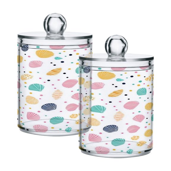 2 Pack Seashells and Dots Qtip Holder Dispenser Clear Plastic Storage Apothecary Jars for Cotton Swabs Balls Pads Floss