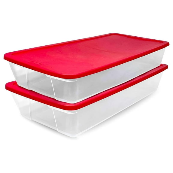 2-Pack Seasonal Holiday, Clear Plastic Storage Organizer Bins, 41 Quart, Red Lid 2 Pack