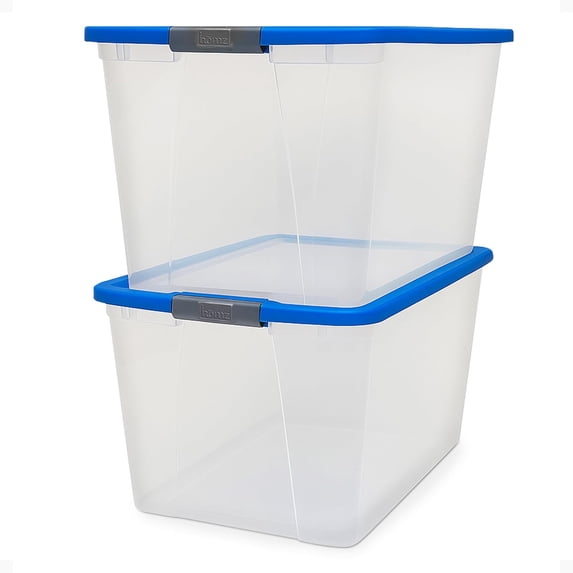 2-Pack Secure Latch, Clear Plastic Storage Organizer Bins, 64 Quart, Blue Lid - Stackable Container Boxes for Bedroom, Bathroom, Garage, and Office Organization