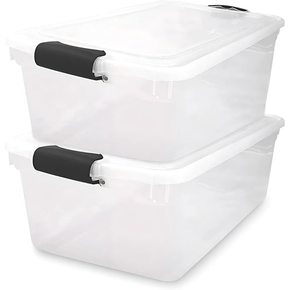 2-Pack Secure Latch, Clear Plastic Storage Organizer Bins, 64 Quart, Gray Latches - Stackable Container Boxes for Bedroom, Bathroom, Garage, and Office Organization