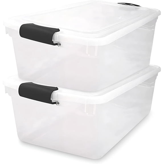 2-Pack Secure Latch, Clear Plastic Storage Organizer Bins, 64 Quart, Gray Latches - Stackable Container Boxes for Bedroom, Bathroom, Garage, and Office Organization