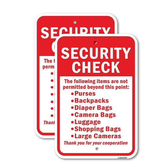 (2 Pack) Security Check The Following Items Are Not Permitt | 12" X 18" Heavy-Gauge Aluminum Sign | Rust Free Aluminum, Weather Resistant, Waterproof, Fade Resistant, 2 Pre-drilled