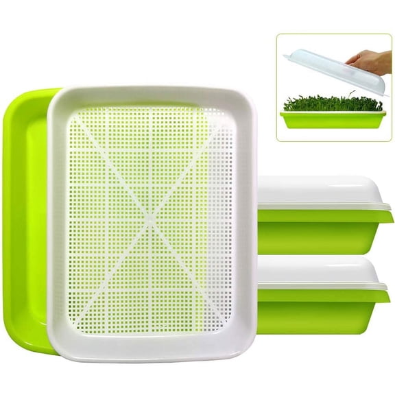 2-Pack Seed Sprouter Tray with Humidity Lid, BPA Free Food Grade Soil-Free Sprouting Kit, Large Capacity Wheatgrass Grower & Microgreens Germination Station for Beans, Peas, Cat Grass (Green)