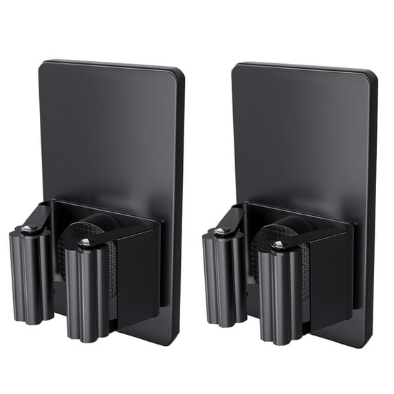 2-Pack Self Adhesive Broom Holder Wall Mount - Heavy Duty No Drill Broom Organizer for Garage Closet Kitchen, Plastic Storage Rack for Brooms Mops Tools, Peel and Stick Adhesive(Black)