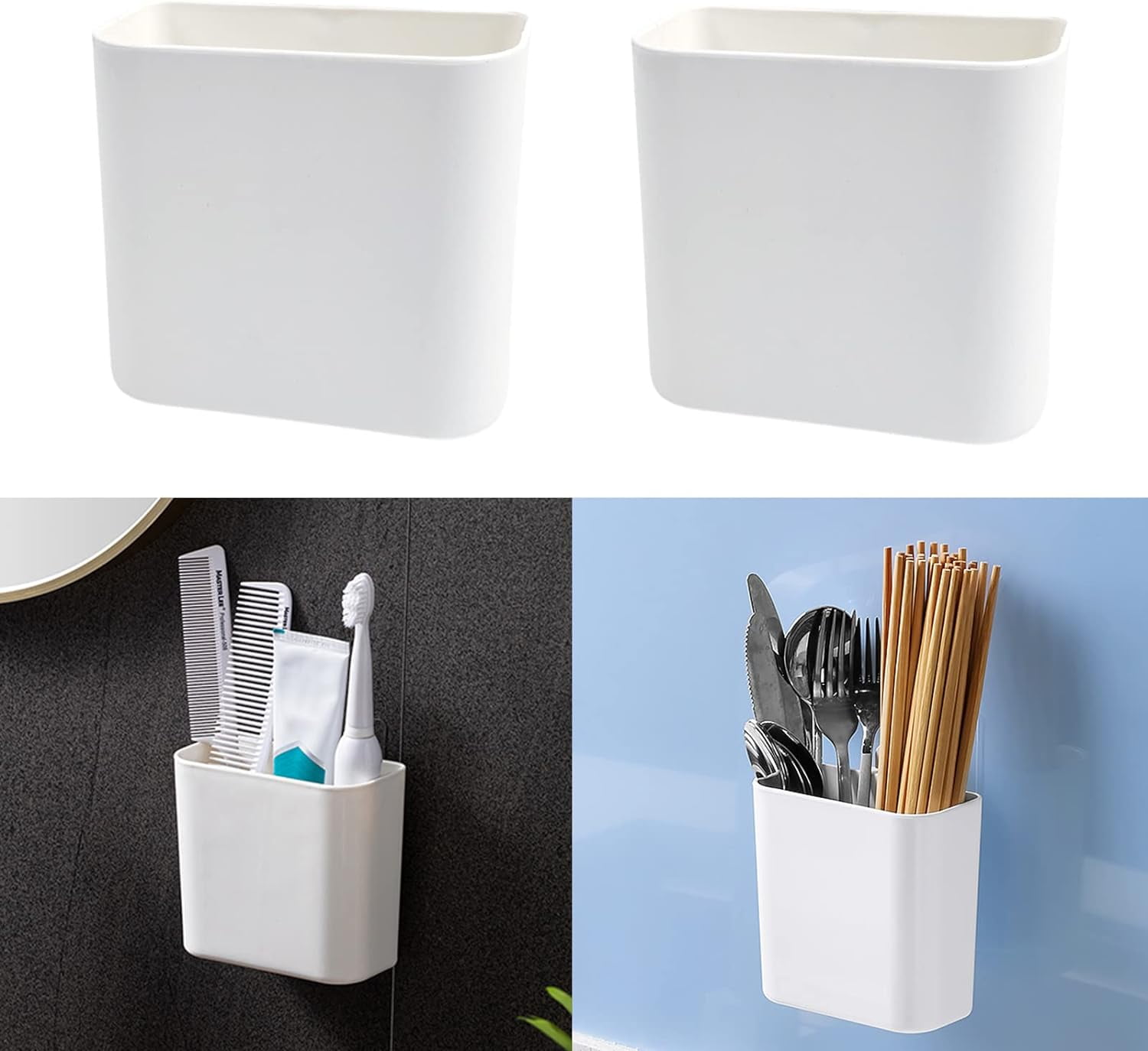 TOPBOUTIQUE 2 Pack Self-Adhesive Storage Box, Wall Mounted Plastic Storage Organizer Bin, No Drilling White Hanging Storage Containers Makeup Organizer Shelf,Remote Cellphone Holders for Home