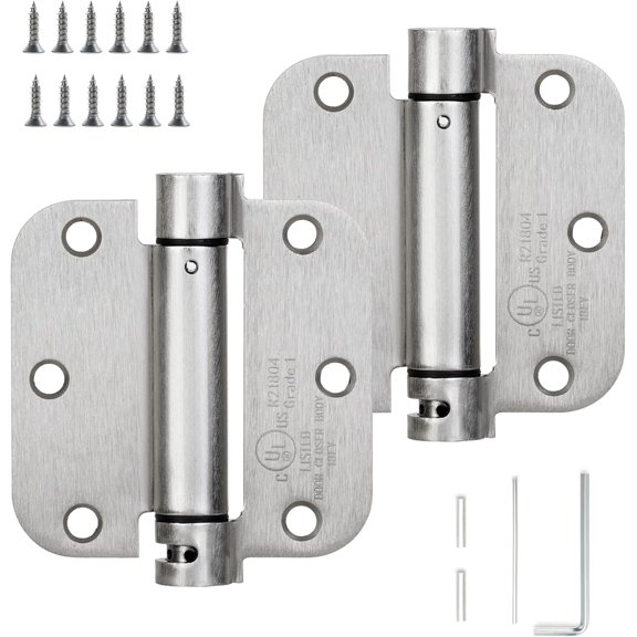 2 Pack Self-Closing Door Hinge 3.5 Inch Rounded 5/8 Radius, Spring Hinges Adjustable Tension, Automatic Door Closer Hinge for Interior Exterior Residential Indoor Doors, Satin Nickel, UL listed